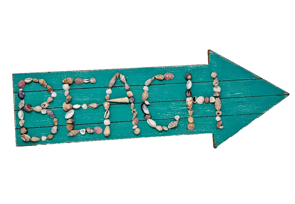 Rustic Teal Wooden Arrow Beach Wall Sign Seashell Lettering 26" Decor